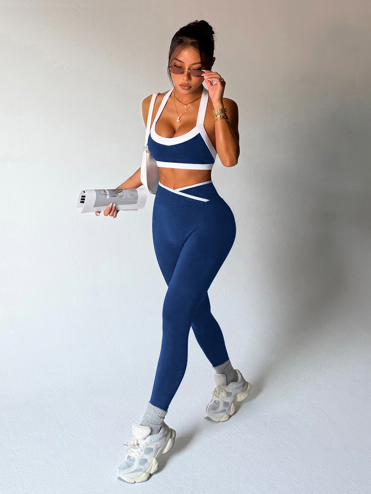 Dewbera Dewbera Women's Casual Sports Contrast Color Tank Top & Leggings Set - Navy Blue - View 8