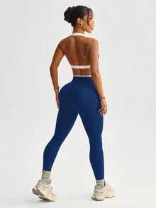 Dewbera Dewbera Women's Casual Sports Contrast Color Tank Top & Leggings Set - Navy Blue - View 7