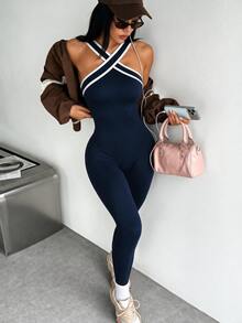 Dewbera Dewbera Women's Contrast Stripe Halter Neck Jumpsuit - Navy Blue - View 1