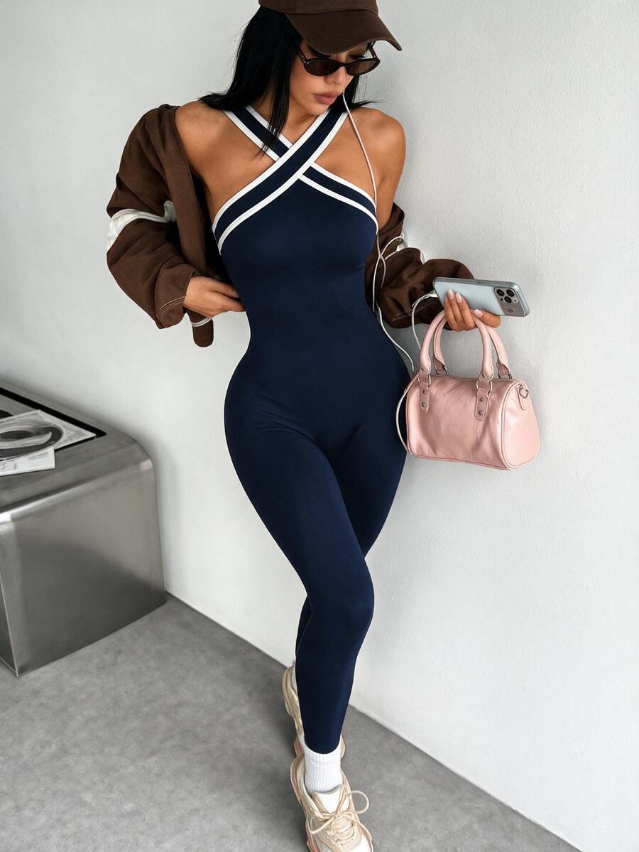 Dewbera Dewbera Women's Contrast Stripe Halter Neck Jumpsuit - Navy Blue - View 1