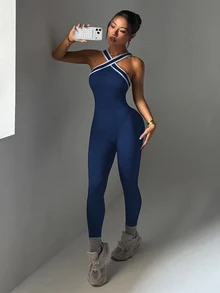 Dewbera Dewbera Women's Contrast Stripe Halter Neck Jumpsuit - Navy Blue - View 4