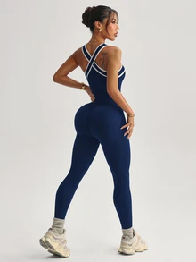 Dewbera Dewbera Women's Contrast Stripe Halter Neck Jumpsuit - Navy Blue - View 2
