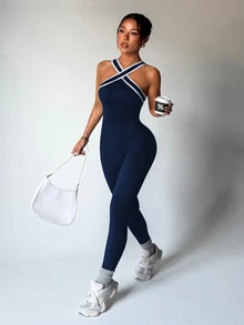 Dewbera Dewbera Women's Contrast Stripe Halter Neck Jumpsuit - Navy Blue - View 3