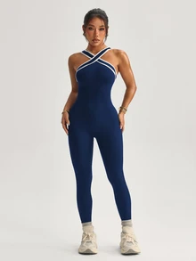 Dewbera Dewbera Women's Contrast Stripe Halter Neck Jumpsuit - Navy Blue - View 7