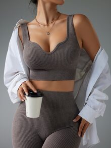 Dewbera Dewbera 无缝高弹力运动健身胸罩和紧身裤套装女士健身套装女士紧身裤套装 - 咖啡棕 - 查看 3