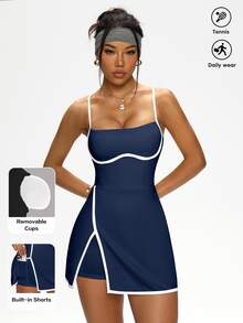 Dewbera Dewbera Navy Blue Sleeveless Mini Tennis Dress With Spaghetti Straps And Built-In Shorts Athletic Dress With Built-In Bra - Navy Blue - View 4