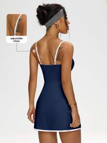 Dewbera Dewbera Navy Blue Sleeveless Mini Tennis Dress With Spaghetti Straps And Built-In Shorts Athletic Dress With Built-In Bra - Navy Blue - View 3