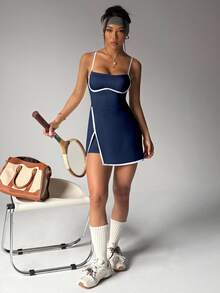 Dewbera Dewbera Navy Blue Sleeveless Mini Tennis Dress With Spaghetti Straps And Built-In Shorts Athletic Dress With Built-In Bra - Navy Blue - View 5