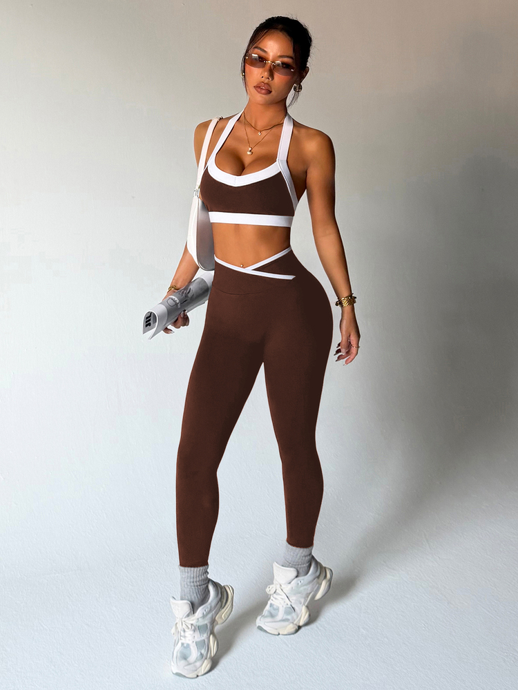 Dewbera Dewbera Women's Contrast Color Minimalist Tank Top And Casual Sports Pants Set, Fitness & Yoga - Brown - View 7