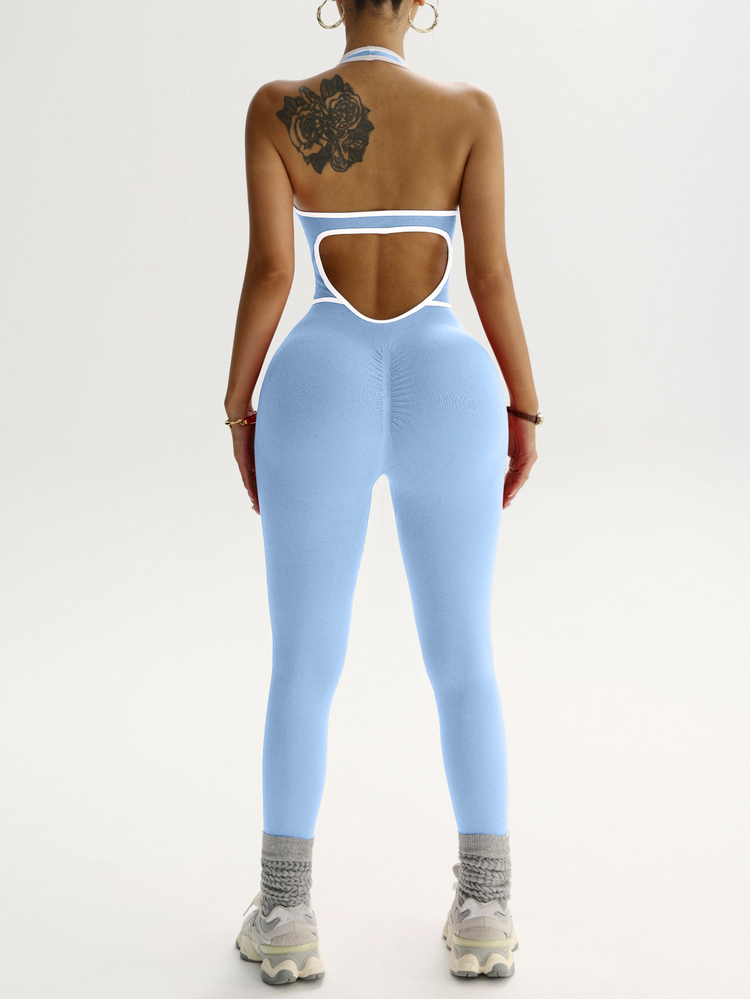 Dewbera Dewbera Contrast Trim Halter Backless Hollow Out Fitted Jumpsuit - Blue - View 5