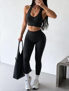 Dewbera Dewbera Women's Polka Dot Halter Top And High Waist Leggings Casual Daily Sports Set - Black - View 1