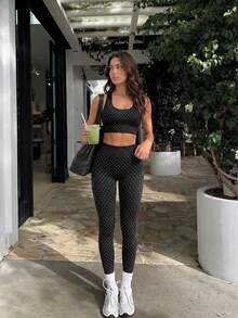 Dewbera Dewbera Women's Polka Dot Halter Top And High Waist Leggings Casual Daily Sports Set - Black - View 6