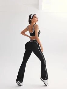 Dewbera Dewbera Contrast Color Stripes Graphic Print Flared Leg Sports Athletic Sexy Jumpsuit Gym Black And White Summer - Multicolor - View 5