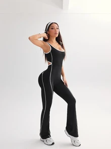 Dewbera Dewbera Contrast Color Stripes Graphic Print Flared Leg Sports Athletic Sexy Jumpsuit Gym Black And White Summer - Multicolor - View 6