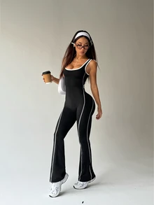 Dewbera Dewbera Contrast Color Stripes Graphic Print Flared Leg Sports Athletic Sexy Jumpsuit Gym Black And White Summer - Multicolor - View 8