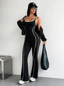 Dewbera Dewbera Contrast Color Stripes Graphic Print Flared Leg Sports Athletic Sexy Jumpsuit Gym Black And White Summer - Multicolor - View 1
