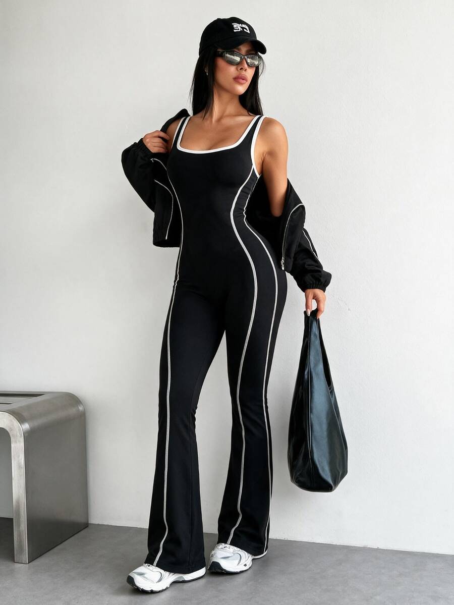 Dewbera Dewbera Contrast Color Stripes Graphic Print Flared Leg Sports Athletic Sexy Jumpsuit Gym Black And White Summer - Multicolor - View 1