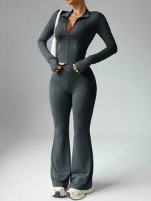 Dewbera Dewbera Women Solid Color Zip Front Jacket & Flared Pants Sports Suit Workout Women Sets - Dark Grey - View 4