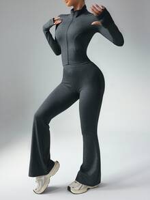 Dewbera Dewbera Women Solid Color Zip Front Jacket & Flared Pants Sports Suit Workout Women Sets - Dark Grey - View 8
