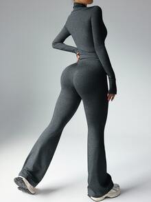 Dewbera Dewbera Women Solid Color Zip Front Jacket & Flared Pants Sports Suit Workout Women Sets - Dark Grey - View 3