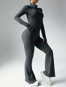 Dewbera Dewbera Women Solid Color Zip Front Jacket & Flared Pants Sports Suit Workout Women Sets - Dark Grey - View 9