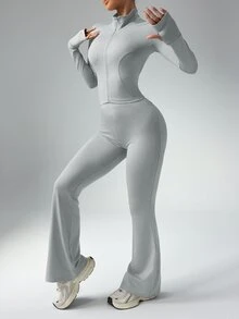 Dewbera Dewbera 女式纯色长袖上衣和紧身裤运动服套装女士健身套装健身房女装 - 灰色 - 查看 8