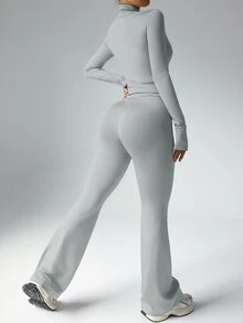 Dewbera Dewbera 女式纯色长袖上衣和紧身裤运动服套装女士健身套装健身房女装 - 灰色 - 查看 3