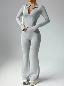 Dewbera Dewbera 女式纯色长袖上衣和紧身裤运动服套装女士健身套装健身房女装 - 灰色 - 查看 4