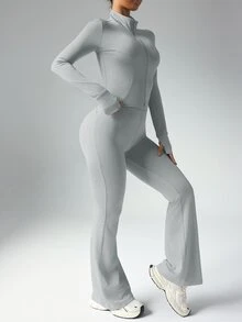Dewbera Dewbera 女式纯色长袖上衣和紧身裤运动服套装女士健身套装健身房女装 - 灰色 - 查看 9
