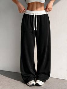 Dewbera Dewbera Yoga High Waist Loose Flared Sports Pants, Color Block - Black - View 2