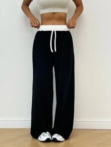 Dewbera Dewbera Yoga High Waist Loose Flared Sports Pants, Color Block - Black - View 10