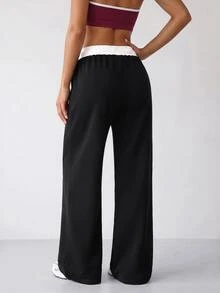 Dewbera Dewbera Yoga High Waist Loose Flared Sports Pants, Color Block - Black - View 3