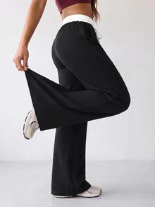 Dewbera Dewbera Yoga High Waist Loose Flared Sports Pants, Color Block - Black - View 5
