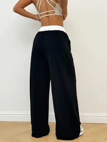 Dewbera Dewbera Yoga High Waist Loose Flared Sports Pants, Color Block - Black - View 8