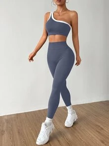 Dewbera Dewbera 无缝单肩瑜伽吊带背心提臀高弹力女士运动套装 - 灰色 - 查看 7