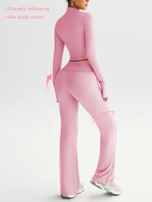 Dewbera Dewbera 女士三件套瑜伽健身套装，休闲性感户外跑步 U 领上衣，舒适收腹提拉紧身裤，高领紧身长袖拇指孔夹克 - 粉色 - 查看 3