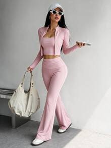 Dewbera Dewbera 女士三件套瑜伽健身套装，休闲性感户外跑步 U 领上衣，舒适收腹提拉紧身裤，高领紧身长袖拇指孔夹克 - 粉色 - 查看 2