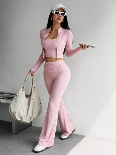 Dewbera Dewbera 女士三件套瑜伽健身套装，休闲性感户外跑步 U 领上衣，舒适收腹提拉紧身裤，高领紧身长袖拇指孔夹克