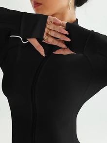 Dewbera Dewbera 运动撞色休闲时尚紧身瑜伽夹克，优雅弹力修身活力生活方式基本款立领拉链外套 - 黑色 - 查看 8
