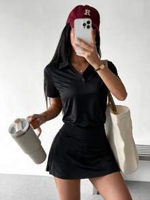 Dewbera Dewbera 女士纯色短袖运动 Polo 衫 - 黑色 - 查看 2