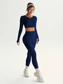 Dewbera Dewbera Seamless High Elasticity Women Solid Color Long Sleeve Top And High Waist Pants Sports Suit - Navy Blue - View 6
