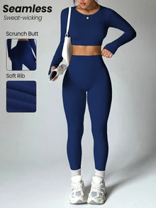 Dewbera Dewbera Seamless High Elasticity Women Solid Color Long Sleeve Top And High Waist Pants Sports Suit - Navy Blue - View 3