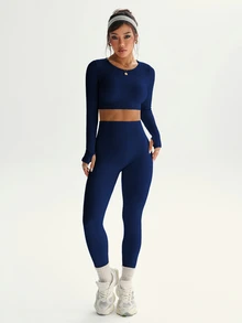 Dewbera Dewbera Seamless High Elasticity Women Solid Color Long Sleeve Top And High Waist Pants Sports Suit - Navy Blue - View 7