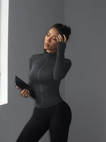 Dewbera Dewbera Fitted Elastic Zip-Up Workout Jacket,Slim Casual Loungewear Yoga Outerwear - Grey - View 6