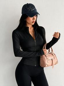 Dewbera Dewbera Fitted Elastic Zip-Up Workout Jacket,Slim Casual Loungewear Yoga Outerwear - Grey - View 1
