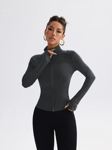 Dewbera Dewbera Fitted Elastic Zip-Up Workout Jacket,Slim Casual Loungewear Yoga Outerwear - Grey - View 5