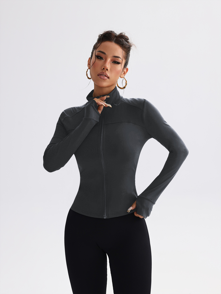 Dewbera Dewbera Fitted Elastic Zip-Up Workout Jacket,Slim Casual Loungewear Yoga Outerwear - Grey - View 5
