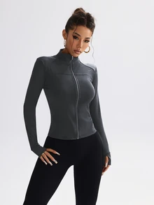 Dewbera Dewbera Fitted Elastic Zip-Up Workout Jacket,Slim Casual Loungewear Yoga Outerwear - Grey - View 2