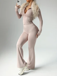 Dewbera Dewbera Women Solid Color Long Sleeve Top And Slim Fit Pants Active Set Workout Women Set Women Workout Set Gym Women Outfit - Dusty Pink - View 6