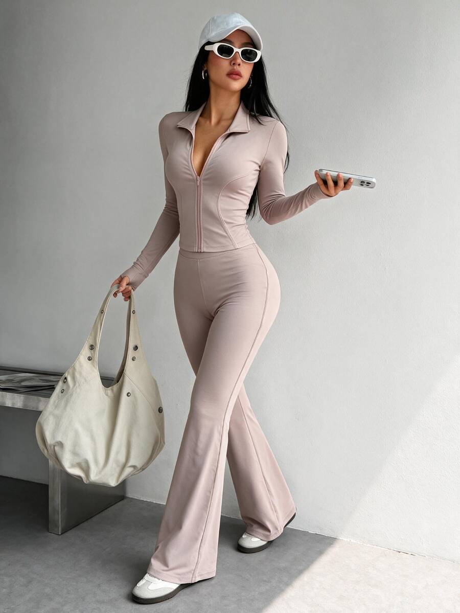 Dewbera Dewbera Women Solid Color Long Sleeve Top And Slim Fit Pants Active Set Workout Women Set Women Workout Set Gym Women Outfit
